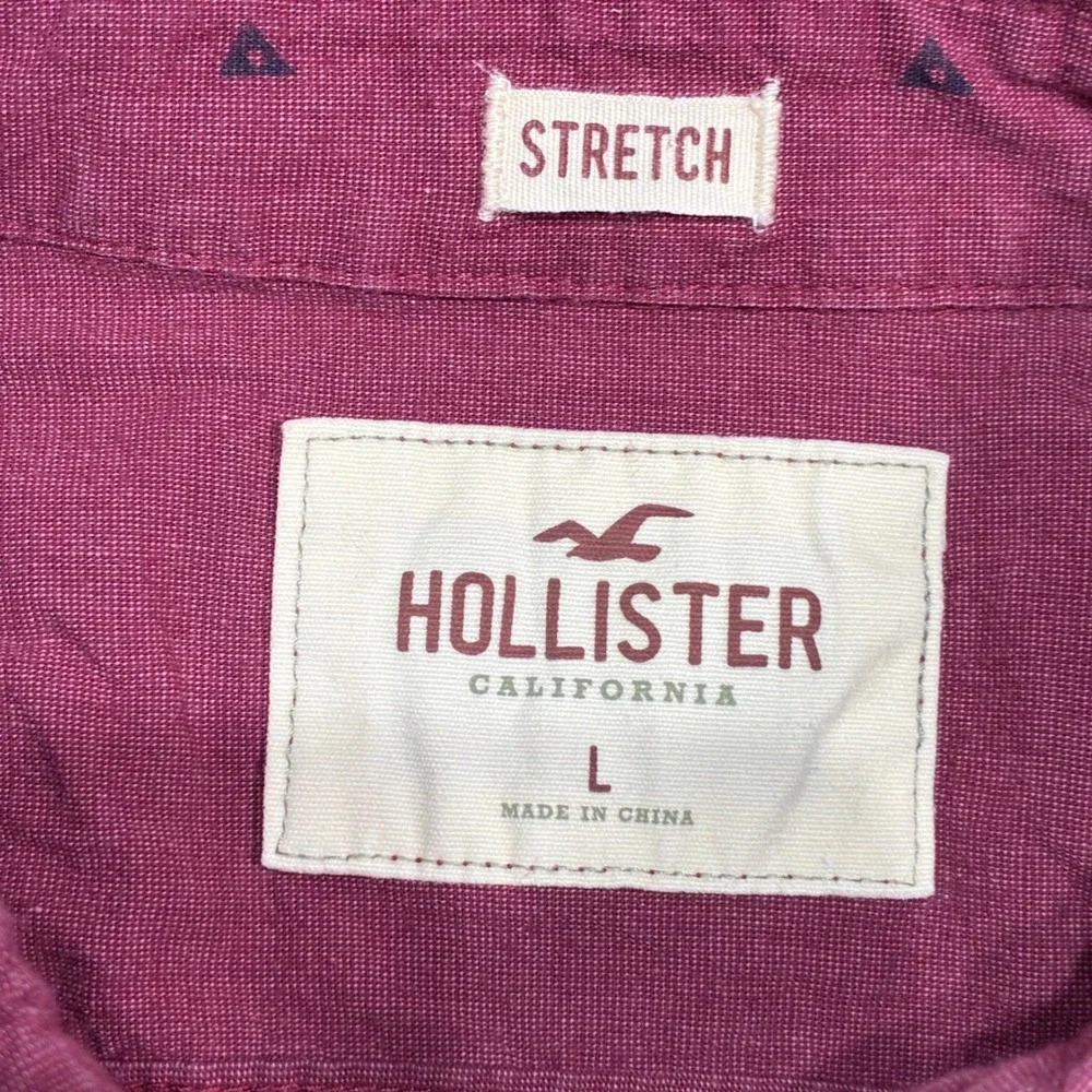 Hollister Button Down Shirt Mens L Burgundy‎ Triangle Print Stretch Long Sleeve